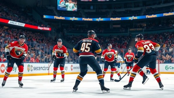 Panthers players mid-game, vibrant arena setting, related to Panthers and Maple Leafs injury report.