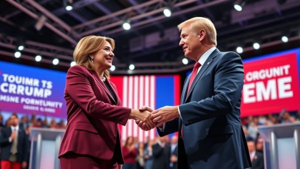 Quebec's next premier debate with candidates shaking hands on stage.
