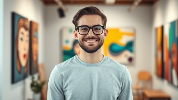 Smiling graphic designer with artwork in office background.