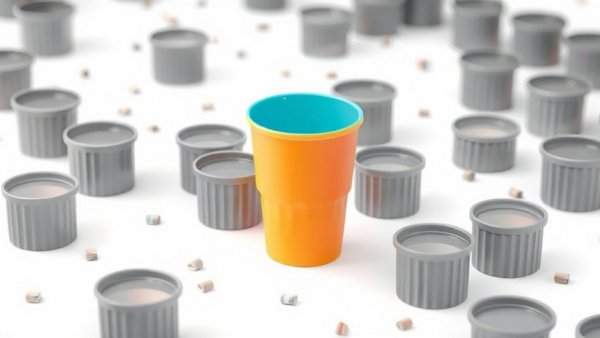 Colorful cup in monotonous grey containers, visual identity competitor audit.