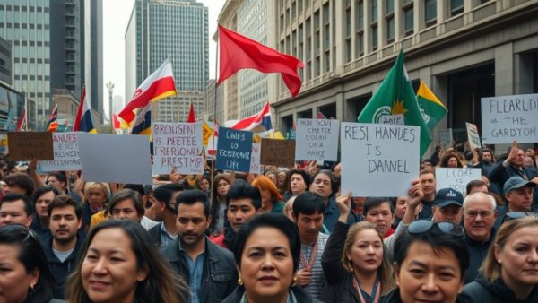 Protest in America with diverse crowd and banners in a city.
