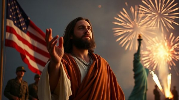 Donald Trump's AI Jesus blessing scene with patriotic background.