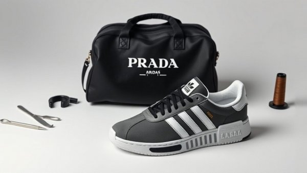 Co-branded Prada and Adidas sneakers and bag on white background