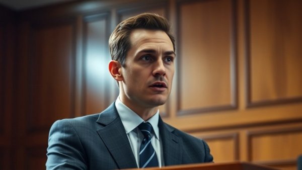 Man delivering speech in courtroom, serious expression, professional setting.