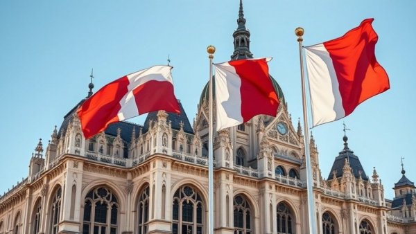 Hungarian flags on gothic building, bright sunlight in Hungary