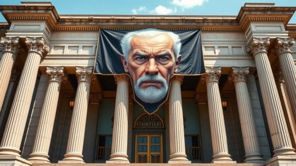 Courthouse facade with banner, blue sky daytime.