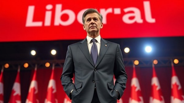 Canadian politician on stage by flags and red background.