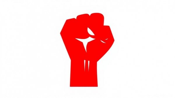 Abstract red fist symbol on a white background representing strength.