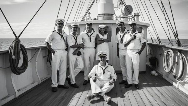 Historical naval crew on deck, representing past gay rights context.