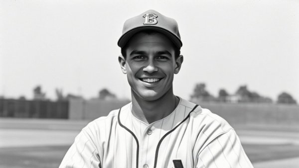 Historic baseball player breaking color barrier, black and white photo.