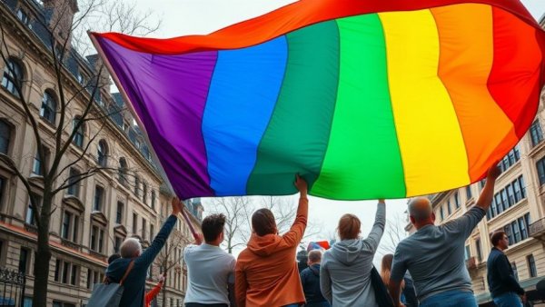 Pride flag Stonewall event with individuals holding flags.