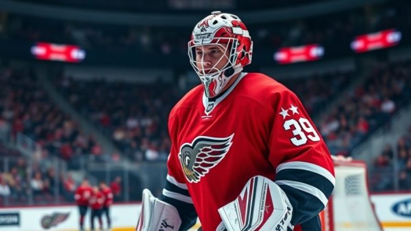 Focused NHL goalie in red jersey stands silently on game day.