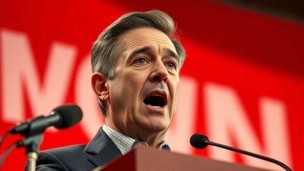 Politician speaking on NDP funding in House of Commons, red background.