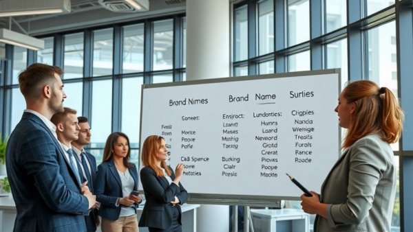 Professionals discussing brand name testing in modern office.