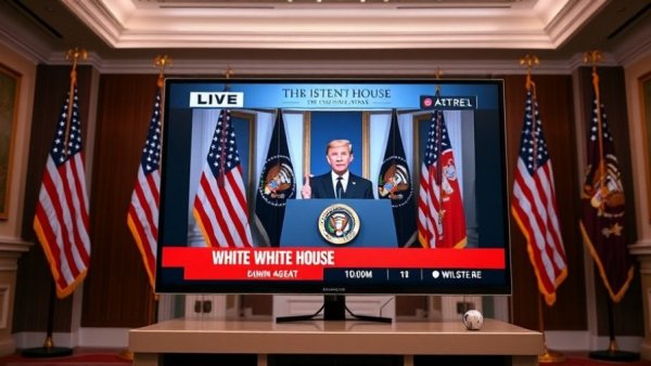 Live White House address on TV, speaker at podium with U.S. flags, Georgia swing voters dissatisfaction with Trump Iran war.