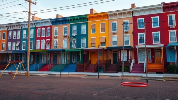 Empty playground swings in front of boarded-up houses; protest news in America