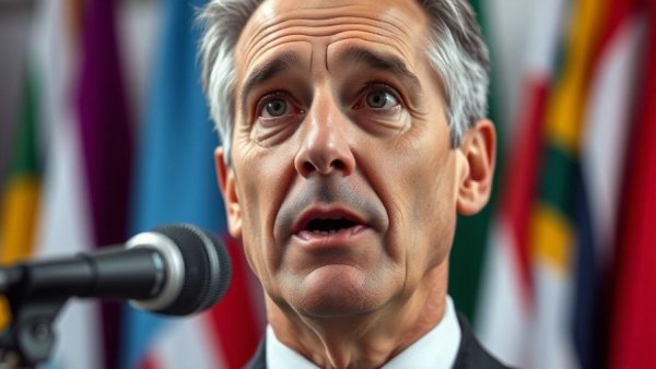 Middle-aged man speaking about impeachment in front of flags.