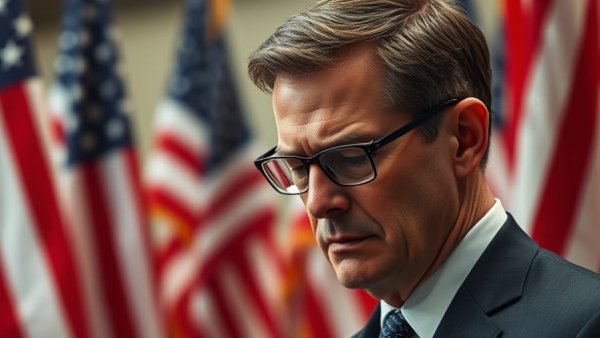 Solemn man in suit with American flags in background