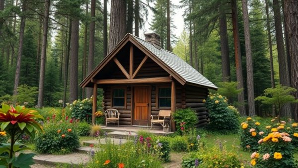 Rustic cabin amidst vibrant summer greenery, perfect for an inclusive getaway.