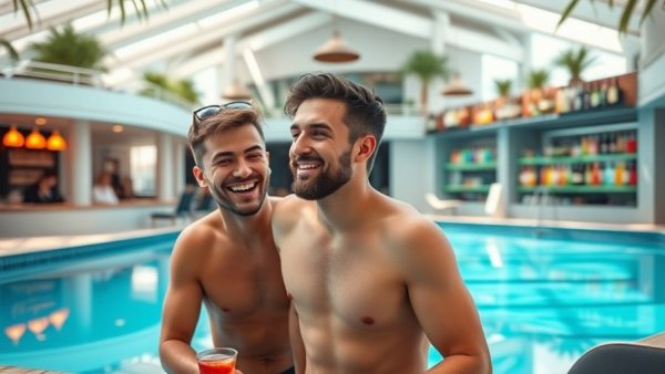 Two young men enjoying a pool bar on vacation, feeling relaxed and happy.