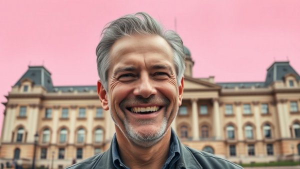 Portrait of a smiling politician against a historic parliament, collage style.