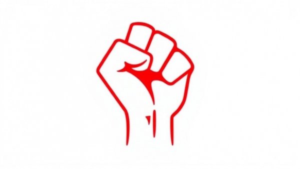 Red abstract clenched fist symbol, white background.
