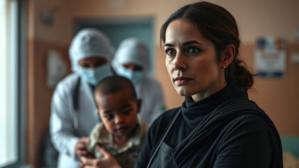 Sudan civil war humanitarian crisis scene with healthcare workers and child