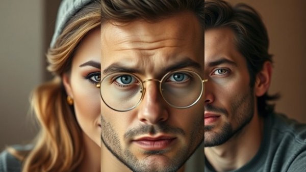 Juxtaposed portrait of woman and man, serious expressions, indoor lighting.