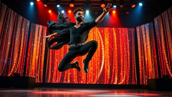 Energetic performer at Jellicle Ball with vibrant costumes, capturing LGBTQ+ history.