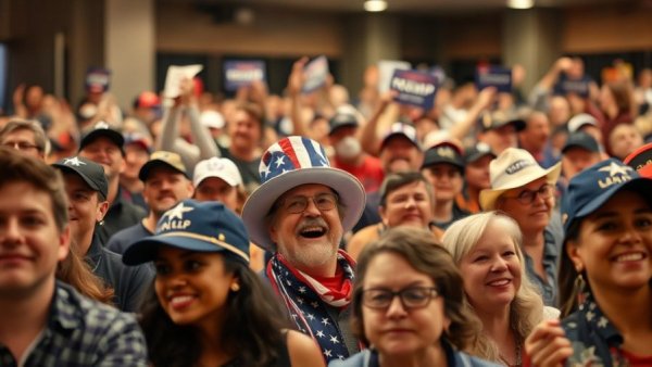 Supporters in American-themed clothing at rally, Trump's support amid Iran conflict.