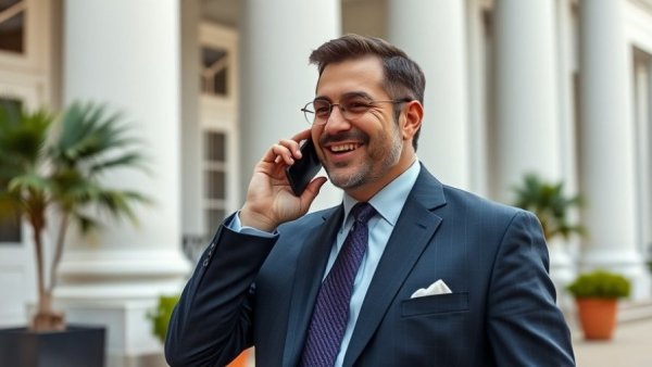 Executive on phone call outside government building