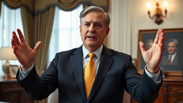 Middle-aged man in suit gesturing, expressive in office setting.