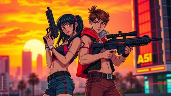 Mullet Madjack game's retro anime art style vibrant character duo.