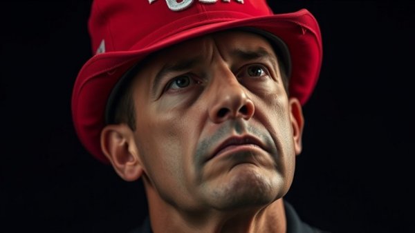 Close-up portrait of a serious man in a red USA hat against a dark backdrop.