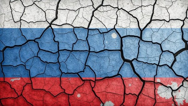 Russia flag painted on cracked earth symbolizing news fines.