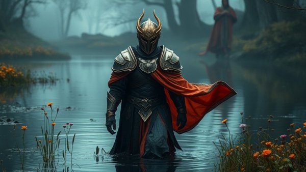 Mystical figure in cinematic dark landscape with flowers and water.