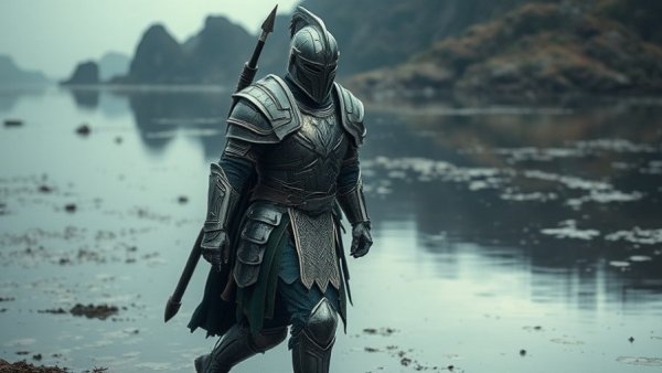 Majestic warrior from Elden Ring game crossing a reflective water landscape.