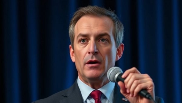 Serious man in suit speaking at event, Kash Patel alcohol controversy backdrop.