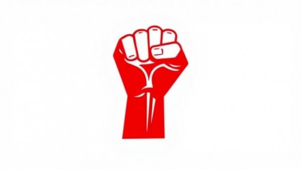 Red fist symbol representing power, stark white background.