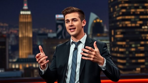 Man in suit gesturing during nighttime talk show, city skyline behind.