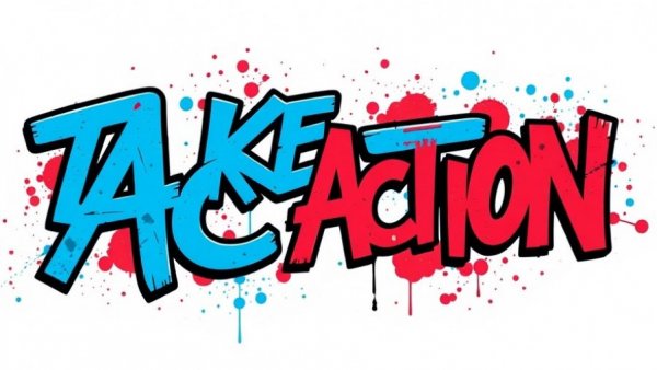 Bold blue and red 'Take Action' graffiti text, dynamic splatter effect emphasizing protest theme.