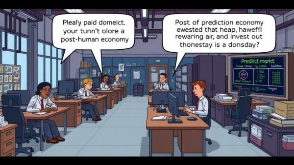 Cartoon satire on post-human economy with AI and doomsday themes.