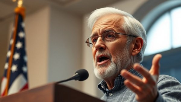 Older man in emotional speech with American flag background.