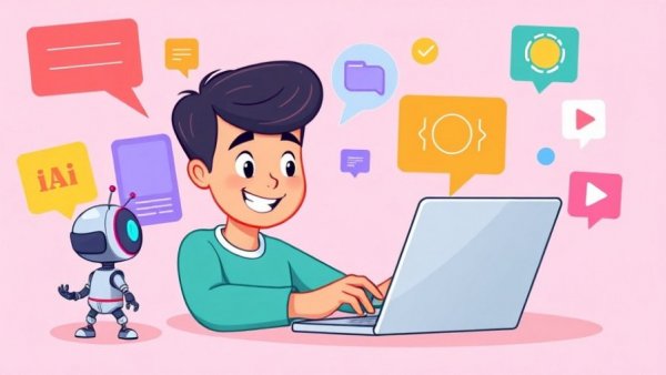 Filmora AI Video Generator cartoon with person and AI robot.