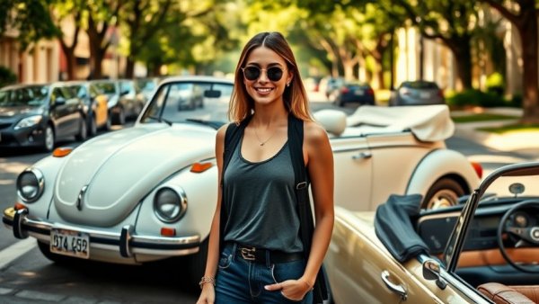 Stylish woman with white Volkswagen convertible on a sunny street.