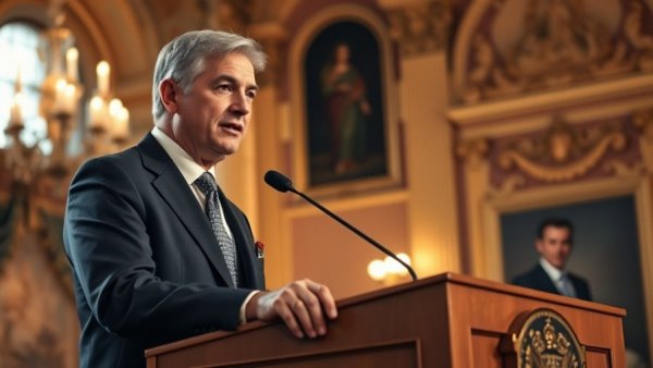 Distinguished speaker delivers speech in ornate setting on navy secretary news.