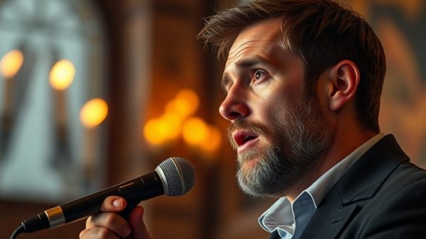 Focused male speaker giving a speech with blurred audience, departures in military leadership.