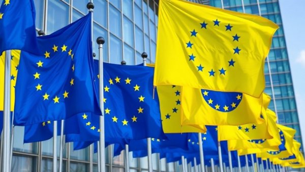 EU flags prominently displayed, reflecting unity and governance.