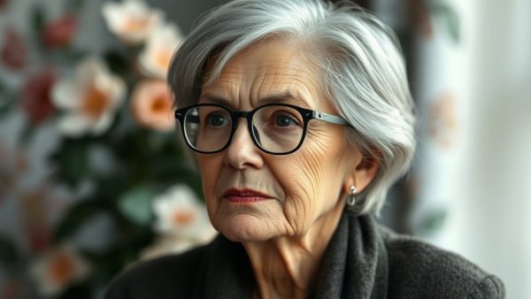 Sophisticated woman in glasses and suit looking thoughtful.