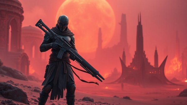 Epic sci-fi warrior in fiery landscape for Saros PS5 game review.